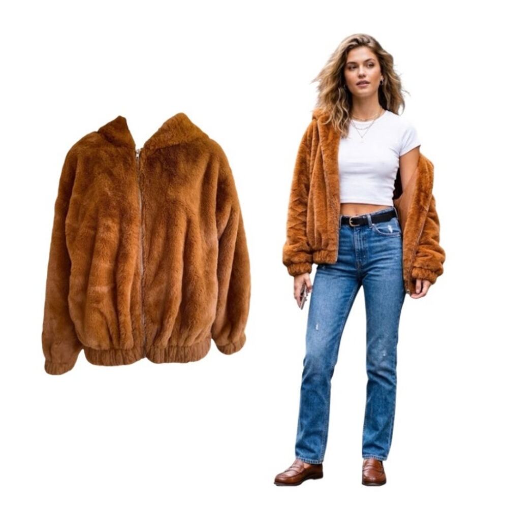 Elan FX8087 Camel Brown Faux Fur SOFT Hooded Jacket Bomber Zip Up Coat Size M